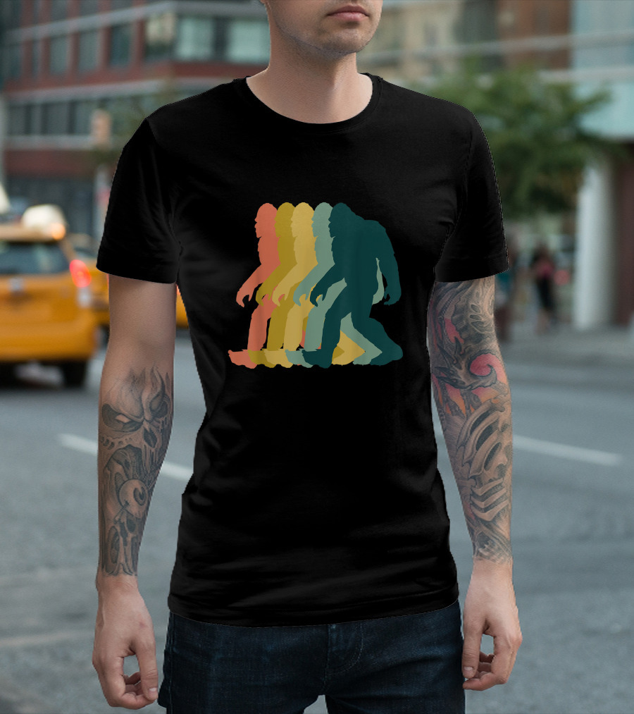 Vintage Retro Rainbow Walking Bigfoot Silhouette 1970s T-Shirt