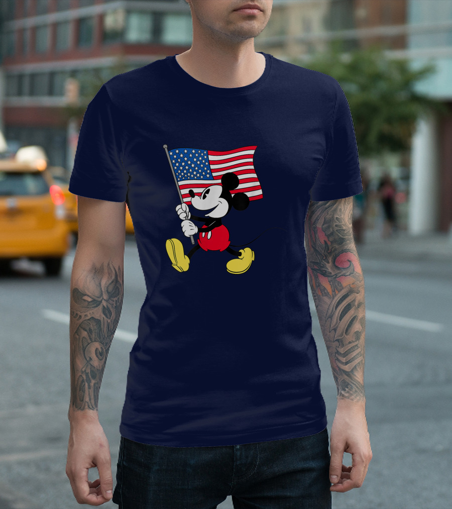 Mickey Mouse Holding American Flag Patriotic Disney T-Shirt