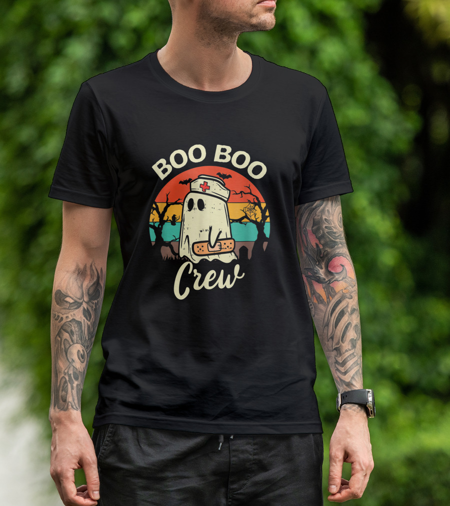 Boo Boo Crew Funny Nurse Ghost Halloween With Bats And Bandage T-Shirt
