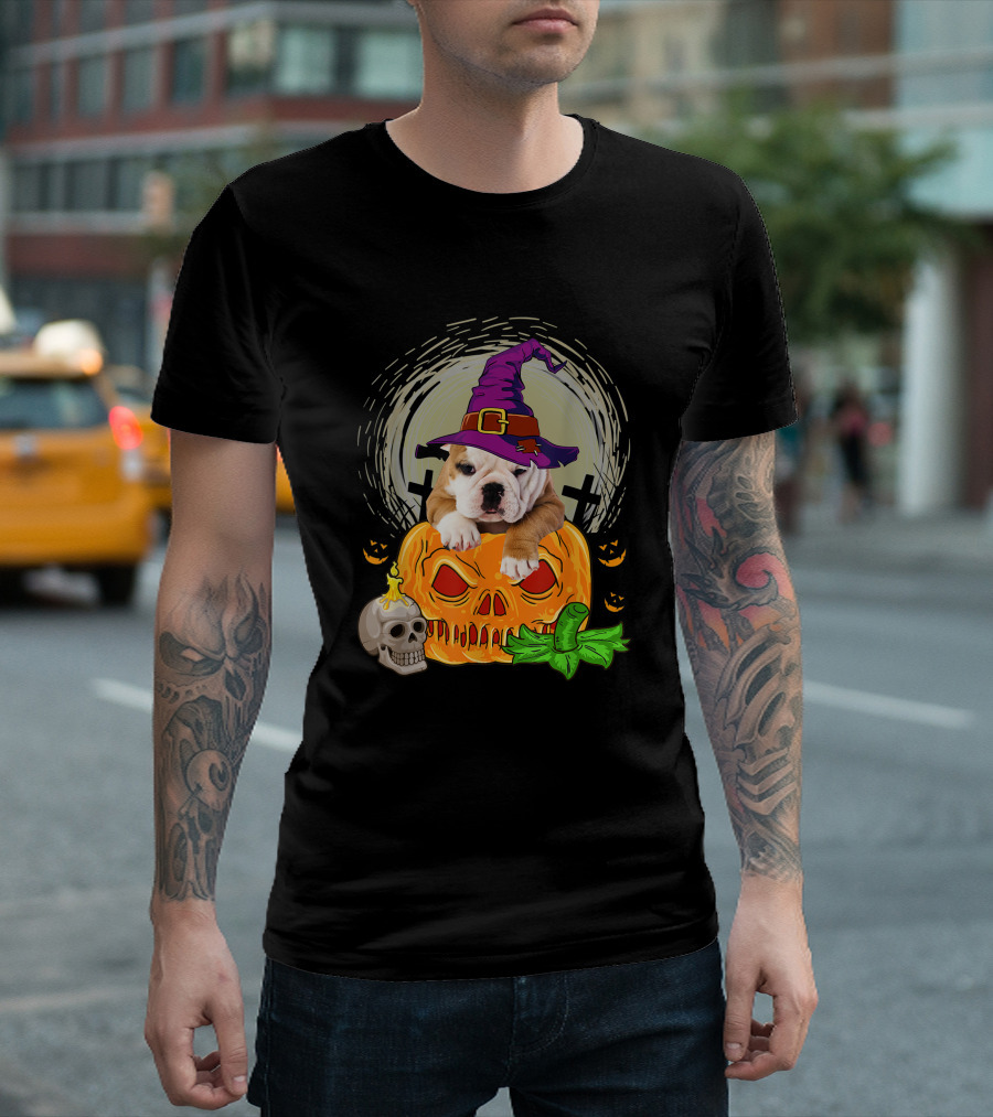 Cute English Bulldog Witch on Skull Pumpkin T-Shirt