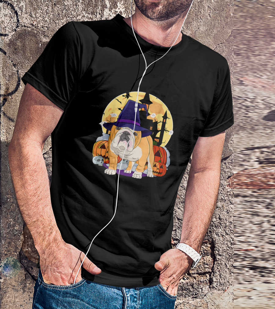 English Bulldog Witch Hat Halloween Pumpkins And Haunted House T-Shirt