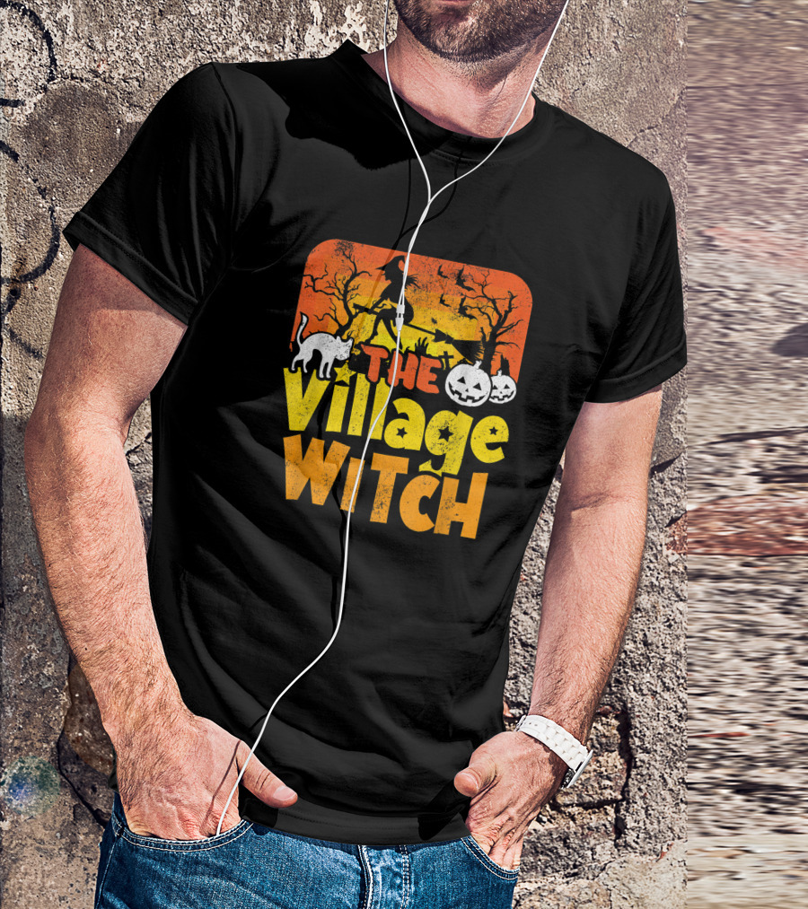 The Village Witch Funny Halloween Witch Pumpkin Cat Moon Scene T-Shirt