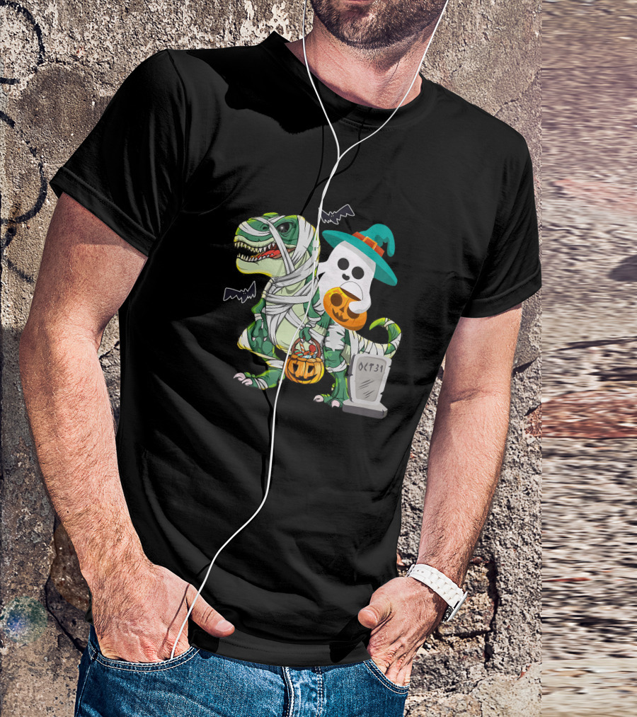 Ghostly Mummy Dinosaur With Pumpkin Candy And Oct 31 Tombstone T-Shirt