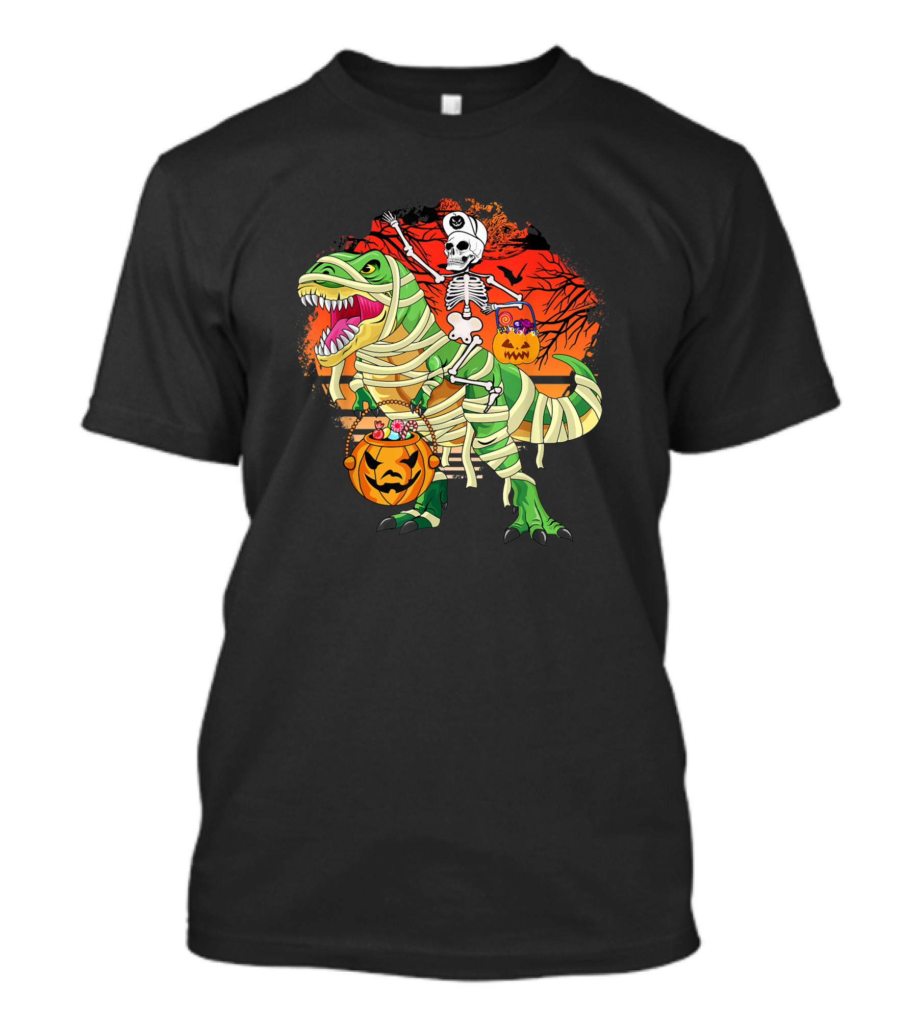 Skeleton Riding Mummy Dinosaur Rex With Halloween Pumpkins On Spooky Background T-Shirt