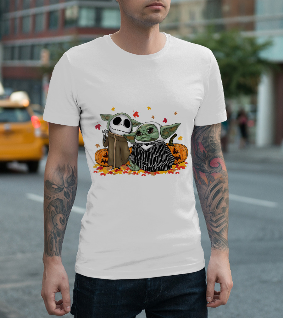 Baby Yoda And Jack Skellington In Halloween Pumpkin Scene T-Shirt