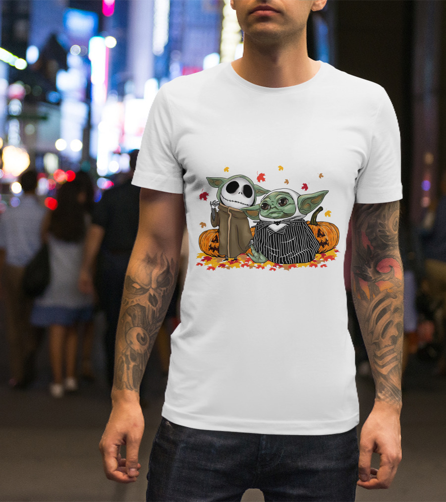 Baby Yoda And Jack Skellington In Halloween Pumpkin Scene T-Shirt