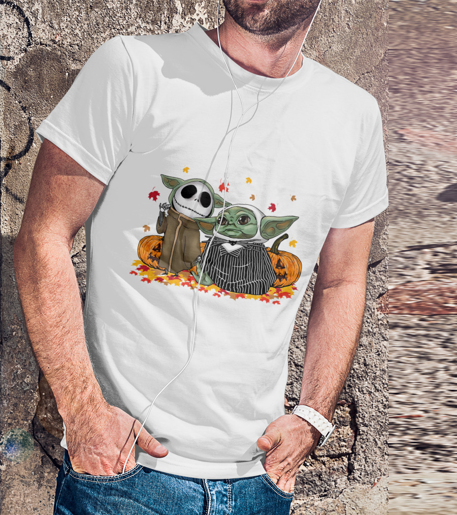 Baby Yoda And Jack Skellington In Halloween Pumpkin Scene T-Shirt