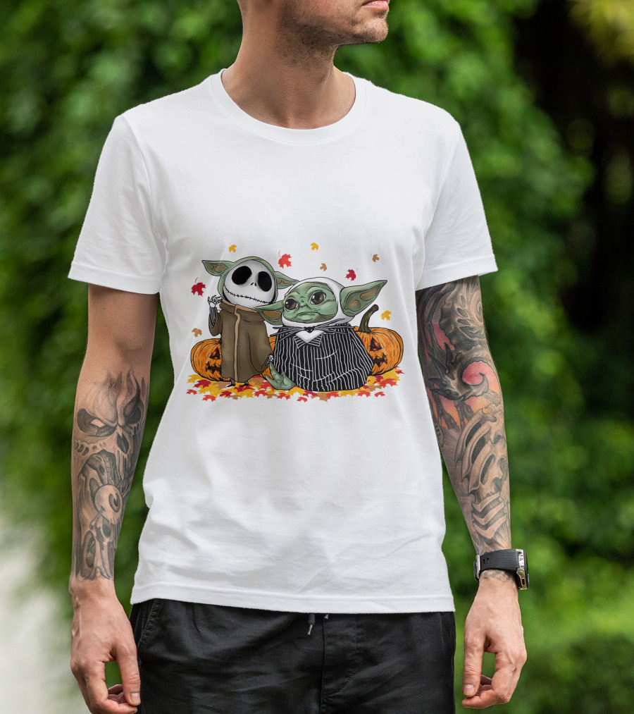 Baby Yoda And Jack Skellington In Halloween Pumpkin Scene T-Shirt
