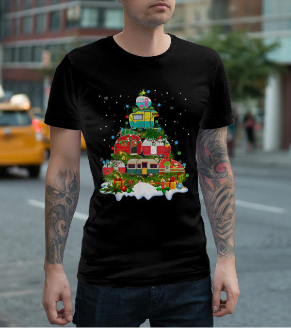 Christmas Tree Made Of Colorful Camping Trailers With Snowflakes And Presents T-Shirt