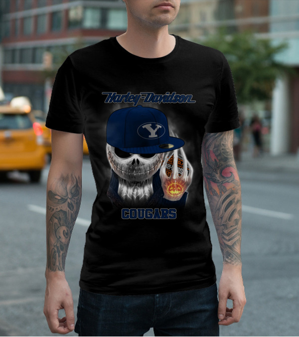 Harley Davidson Cougars Skull Wearing Byu Hat With Pumpkin And Logo Elements T-Shirt