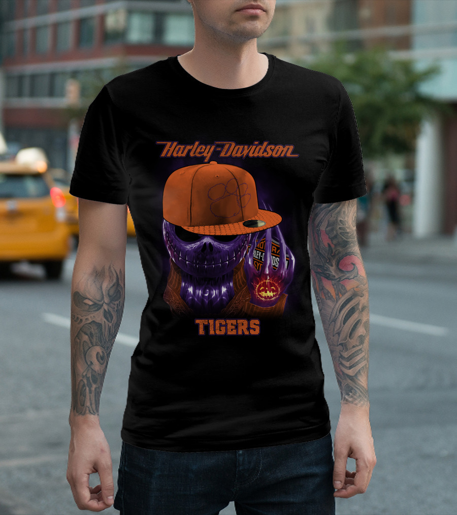 Harley Davidson Tigers Skull In Clemson Cap T-Shirt