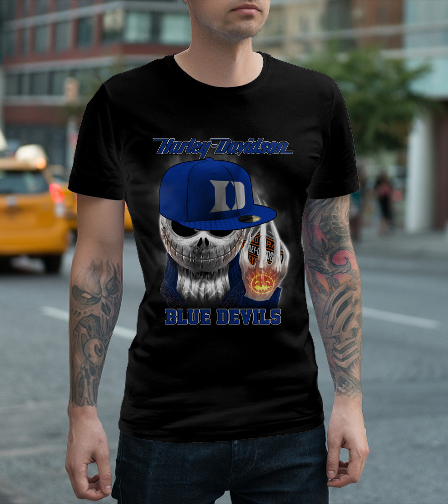 Harley Davidson Skull With Blue Devils Hat And Duke D T-Shirt