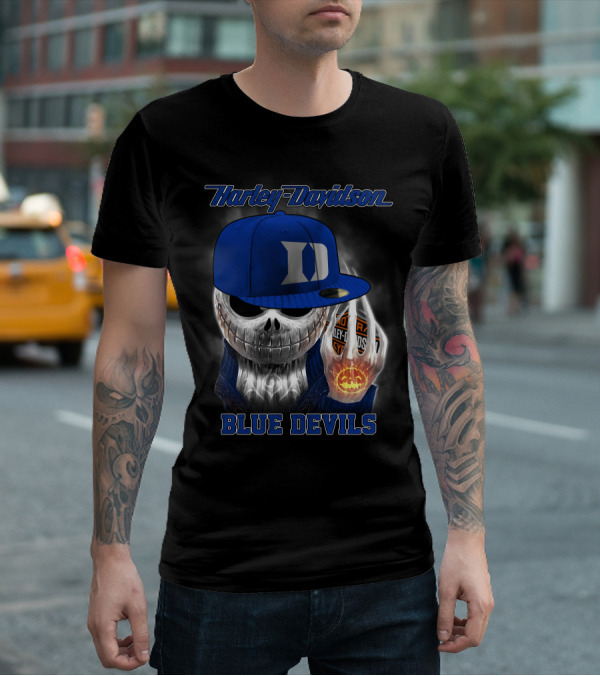 Harley Davidson Skull With Blue Devils Hat And Duke D T-Shirt