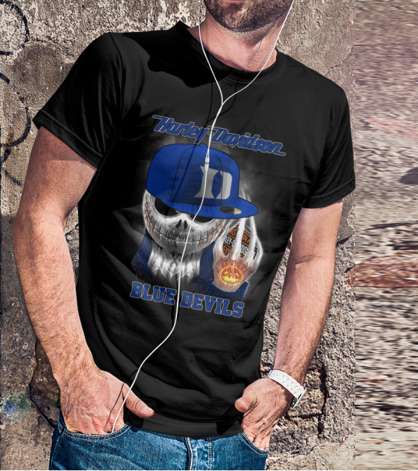 Harley Davidson Skull With Blue Devils Hat And Duke D T-Shirt