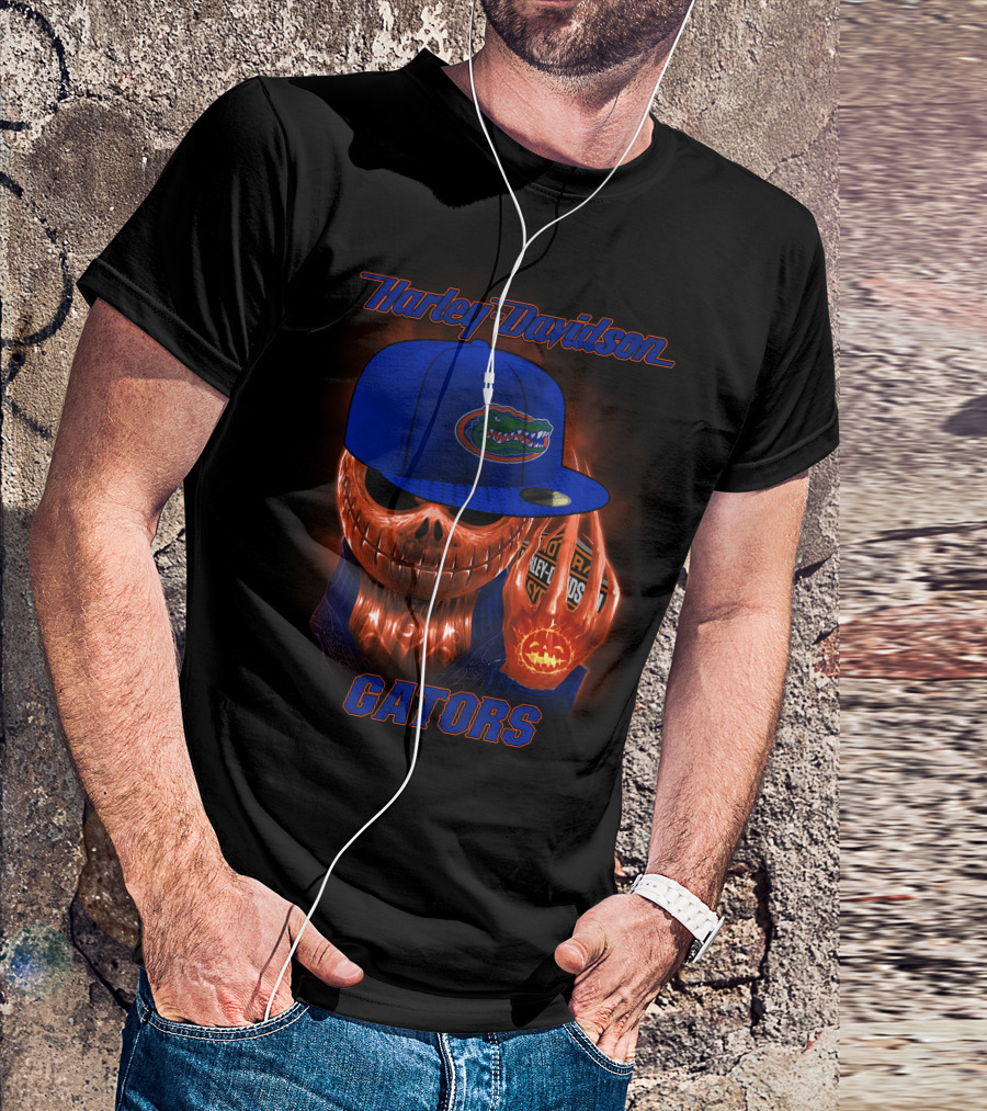 Harley Davidson Halloween Skull With Florida Gators Hat T-Shirt