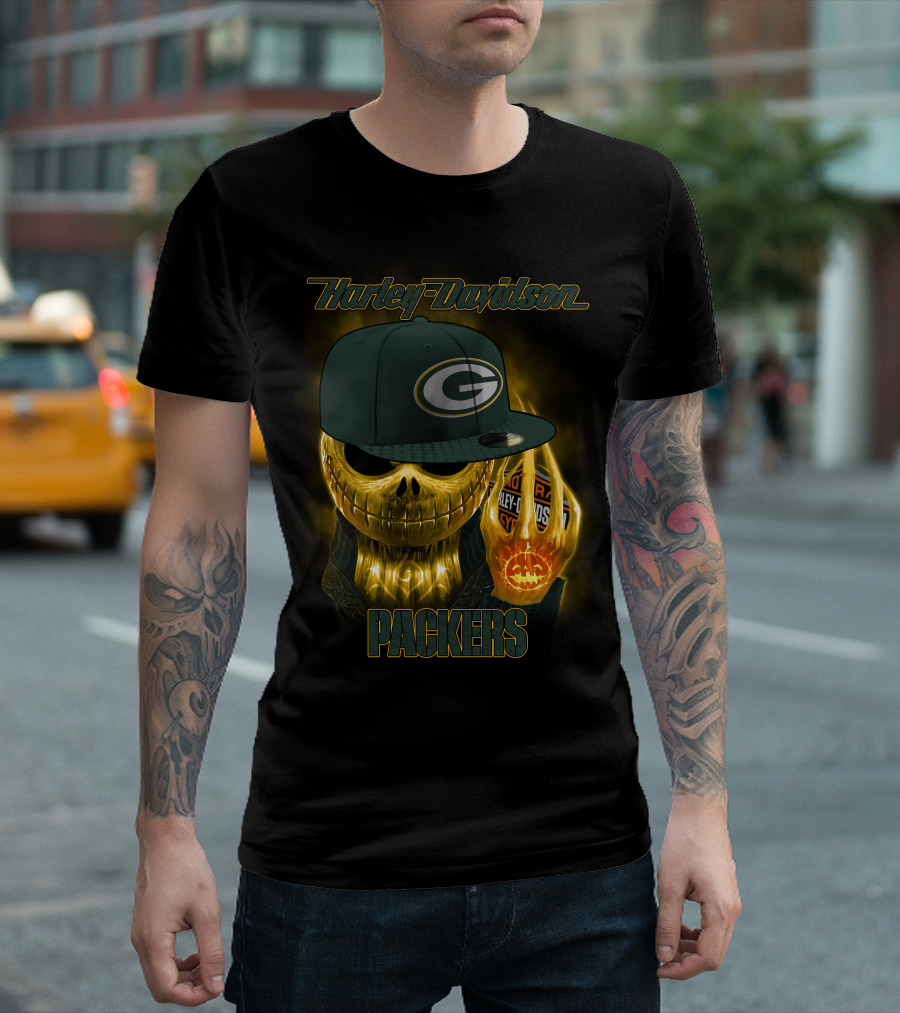 Harley Davidson Green Bay Packers Halloween Skull T-Shirt