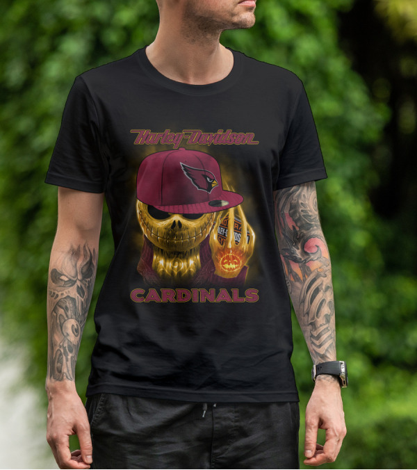 Harley Davidson Arizona Cardinals Gold Skull With Cap T-Shirt