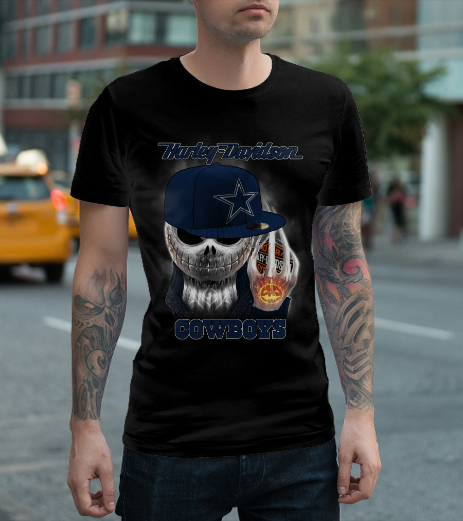 Harley Davidson Cowboys Skull With Dallas Cowboys Cap T-Shirt