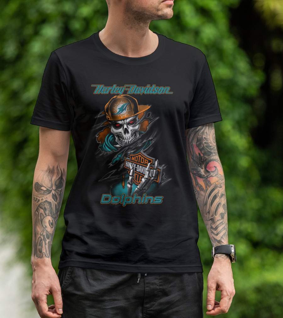 Harley Davidson Dolphins Motorcycle Skeleton With Miami Dolphins Cap T-Shirt