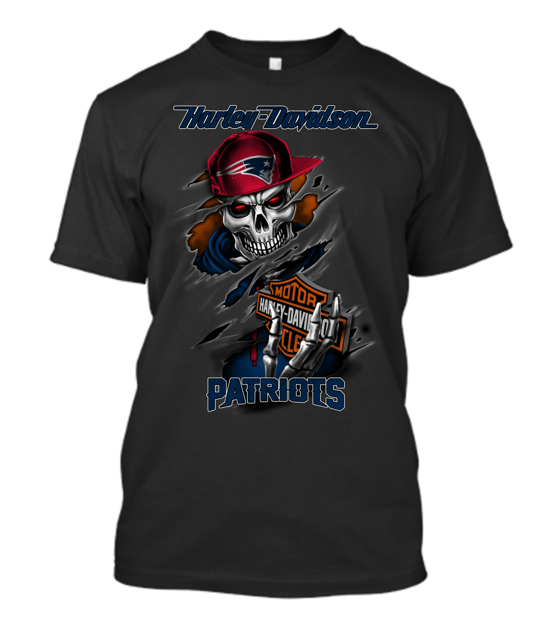 Harley Davidson Patriots Skull Graphic Wearing Nfl New England Patriots Cap T-Shirt