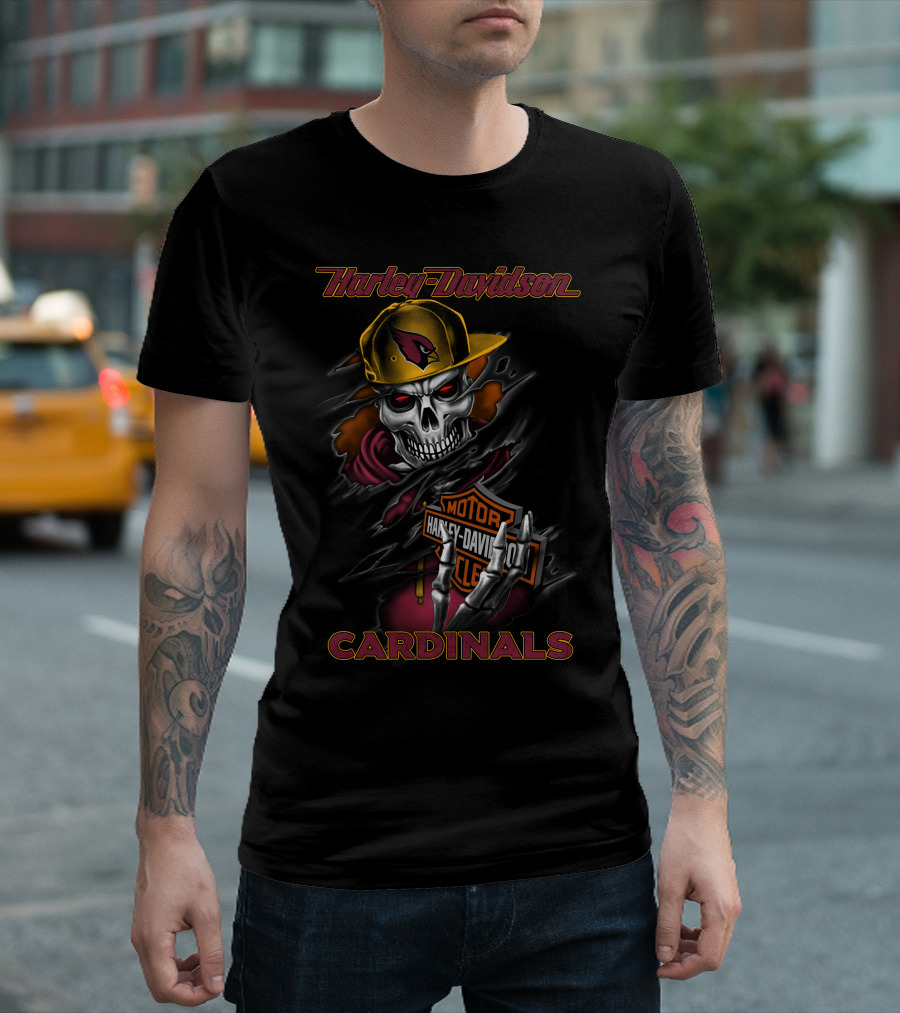 Harley Davidson Cardinals Skull In Cap With Motorcycles T-Shirt