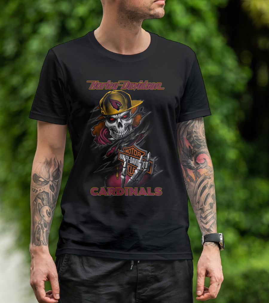 Harley Davidson Cardinals Skull In Cap With Motorcycles T-Shirt
