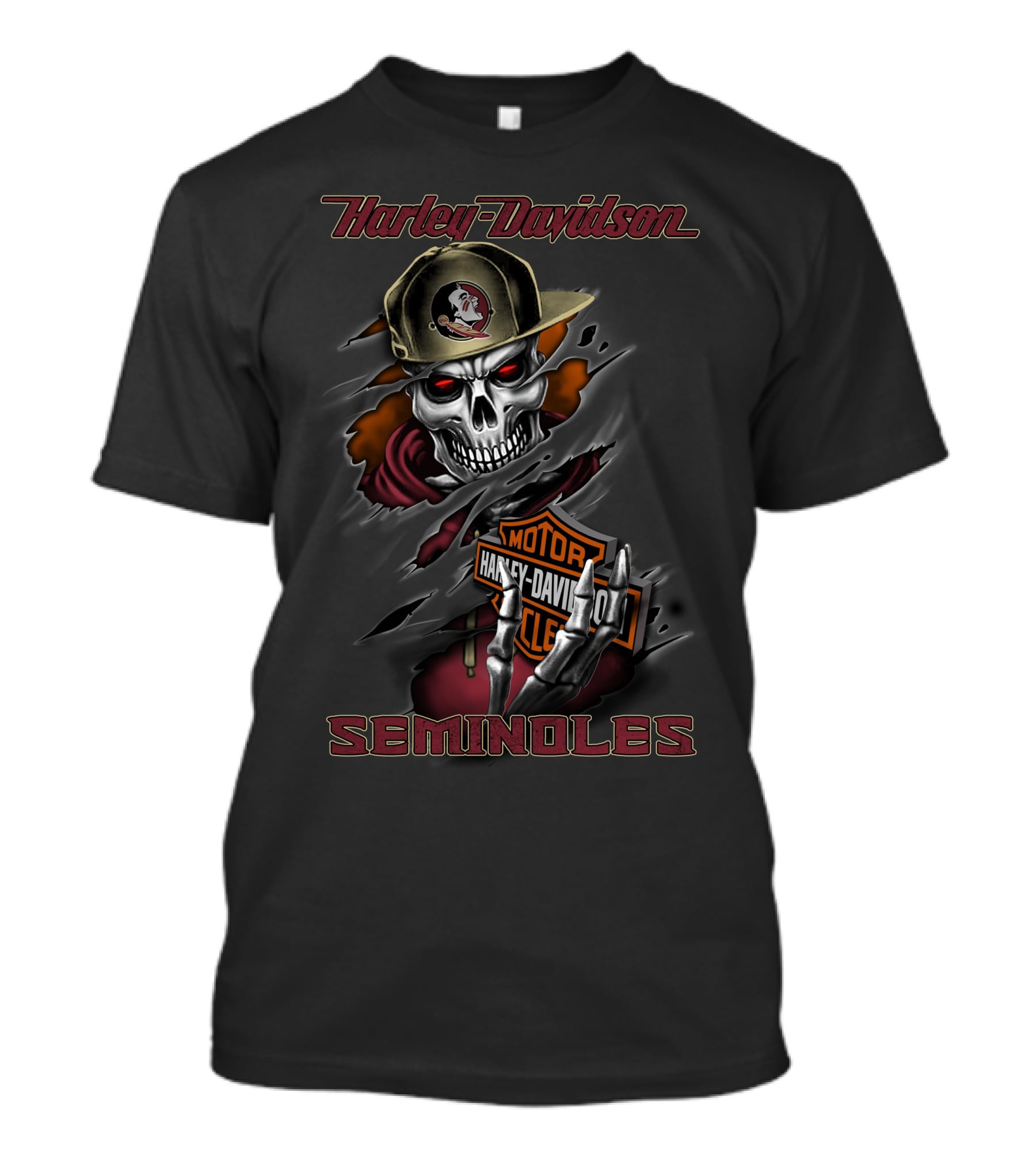 Harley Davidson Seminoles Skeleton Motocycle Rider With Florida State Hat T-Shirt