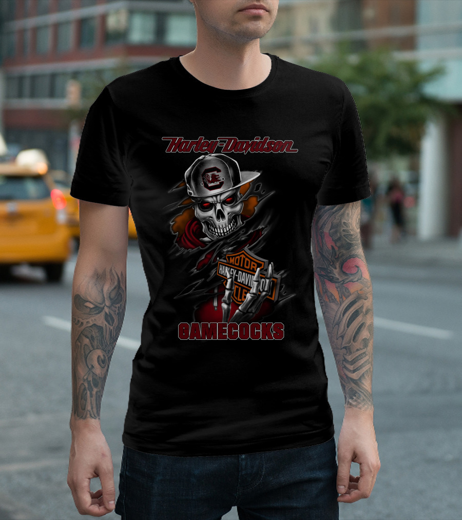 Harley Davidson Gamecocks Motorcycles Skull With Cap T-Shirt