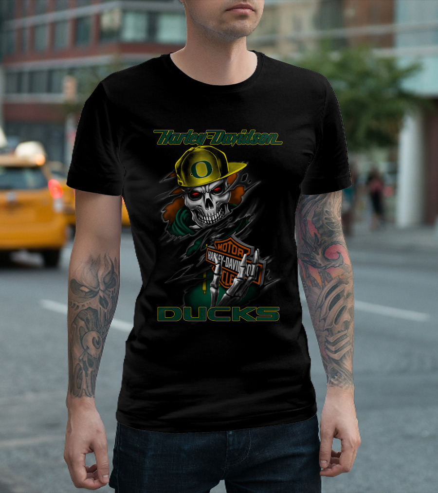 Harley Davidson Ducks Skull With Oregon Cap And Motor Harley Davidson Cycles T-Shirt