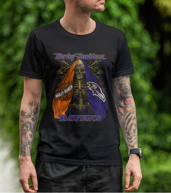 Harley Davidson Baltimore Ravens Motorcycles Skeleton Lightning T-Shirt