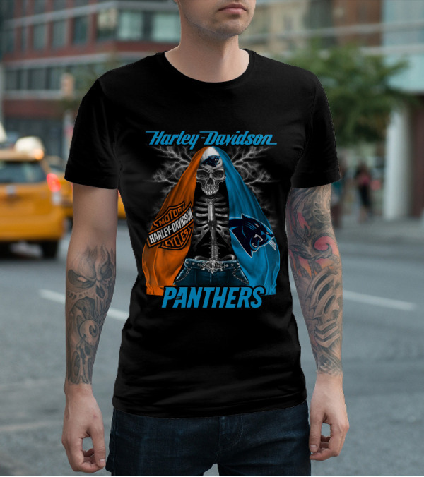 Harley Davidson Motorcycles Skeleton Carolina Panthers T-Shirt