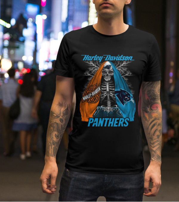 Harley Davidson Motorcycles Skeleton Carolina Panthers T-Shirt