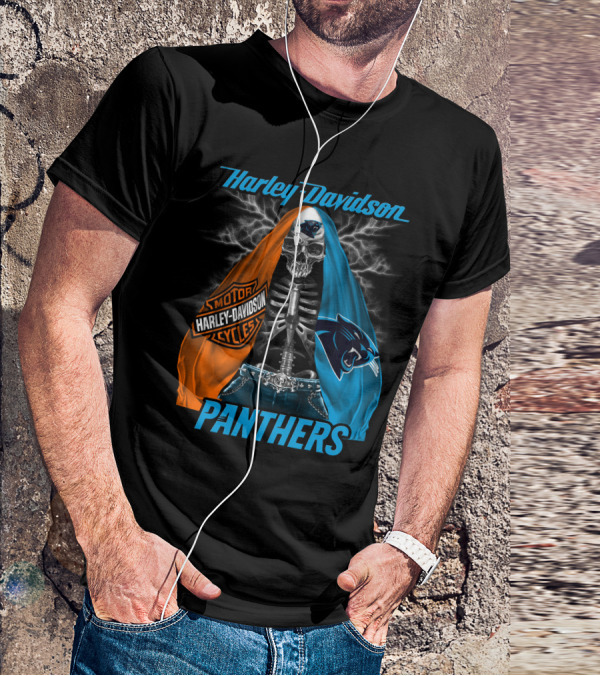 Harley Davidson Motorcycles Skeleton Carolina Panthers T-Shirt