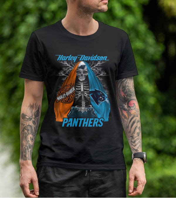 Harley Davidson Motorcycles Skeleton Carolina Panthers T-Shirt