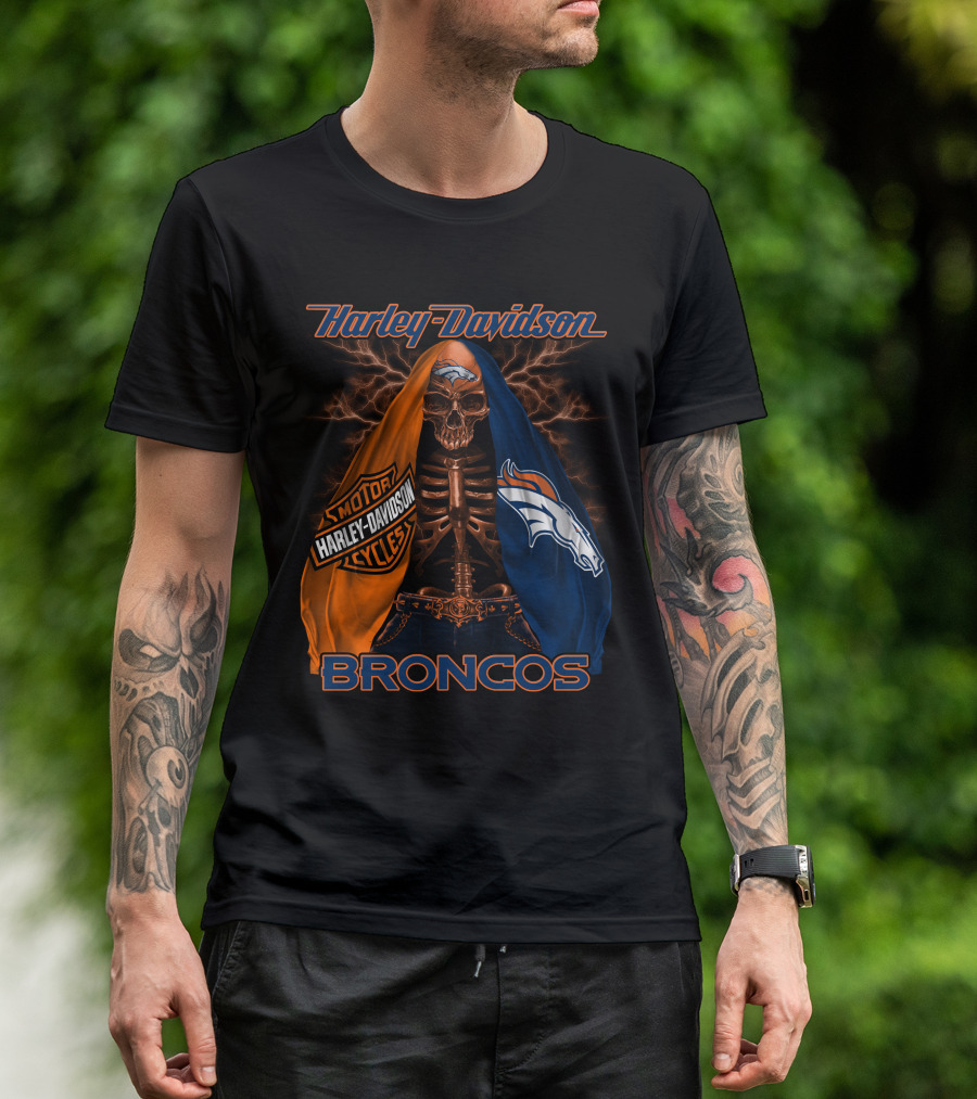 Harley Davidson Denver Broncos Skeleton Motorcycles T-Shirt