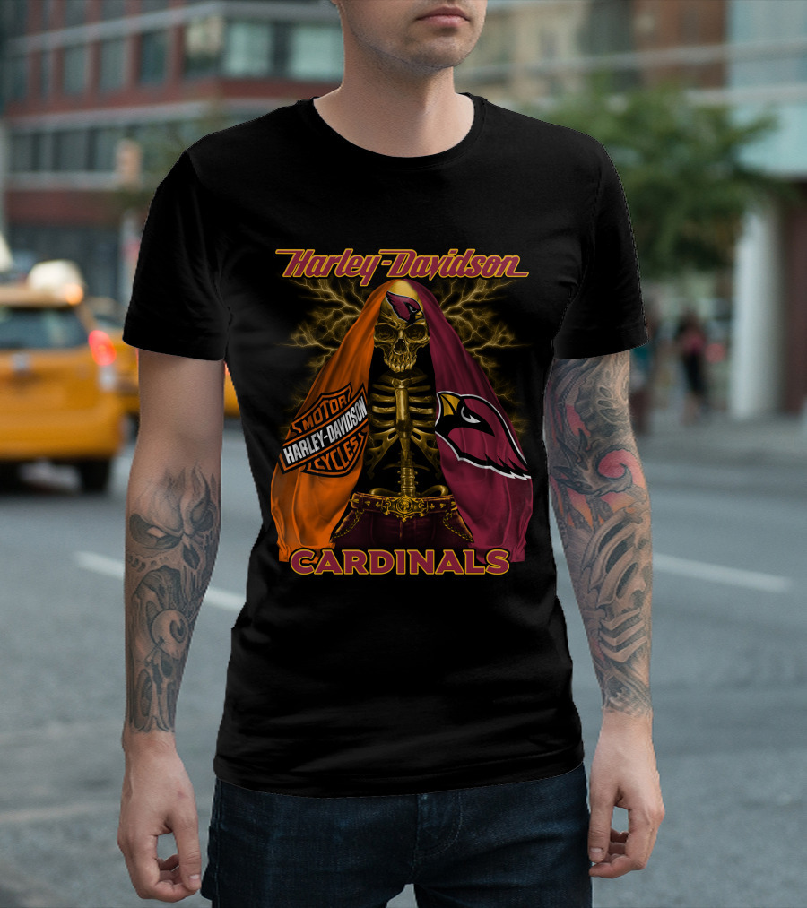 Harley Davidson Arizona Cardinals Skull And Skeleton With Logos T-Shirt