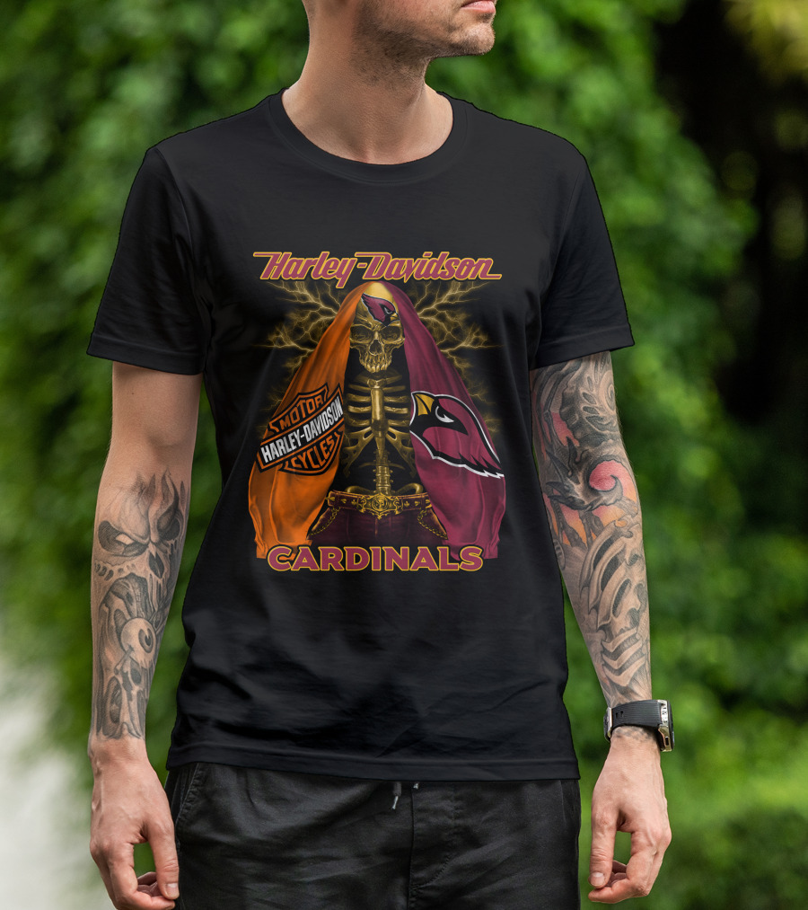 Harley Davidson Arizona Cardinals Skull And Skeleton With Logos T-Shirt