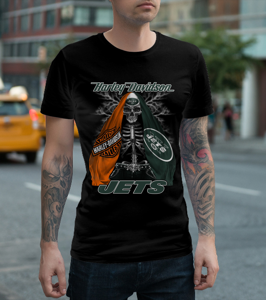 Harley Davidson New York Jets Skeleton With Flag And Lightning T-Shirt