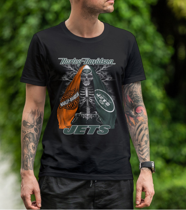Harley Davidson New York Jets Skeleton With Flag And Lightning T-Shirt