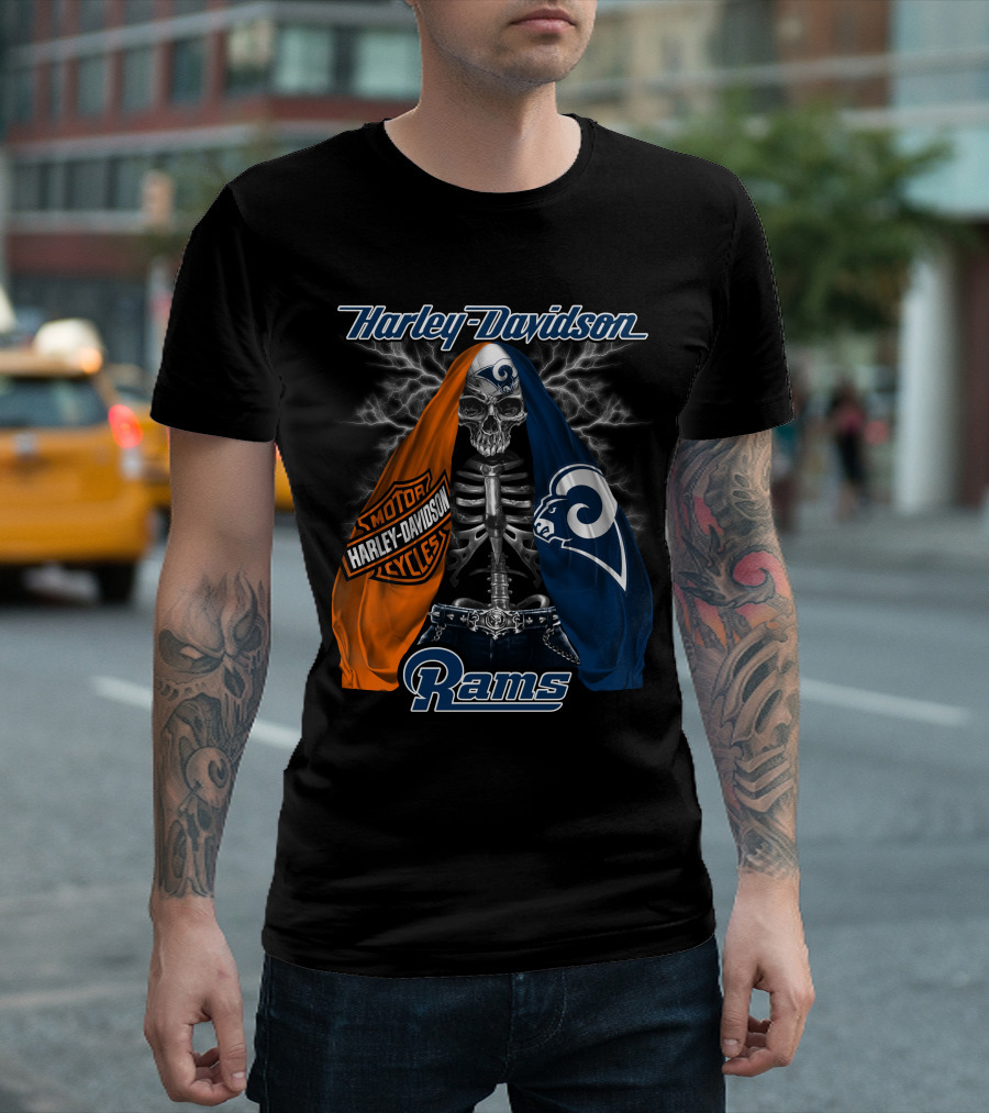 Harley Davidson Los Angeles Rams Motorcycles Skeleton T-Shirt