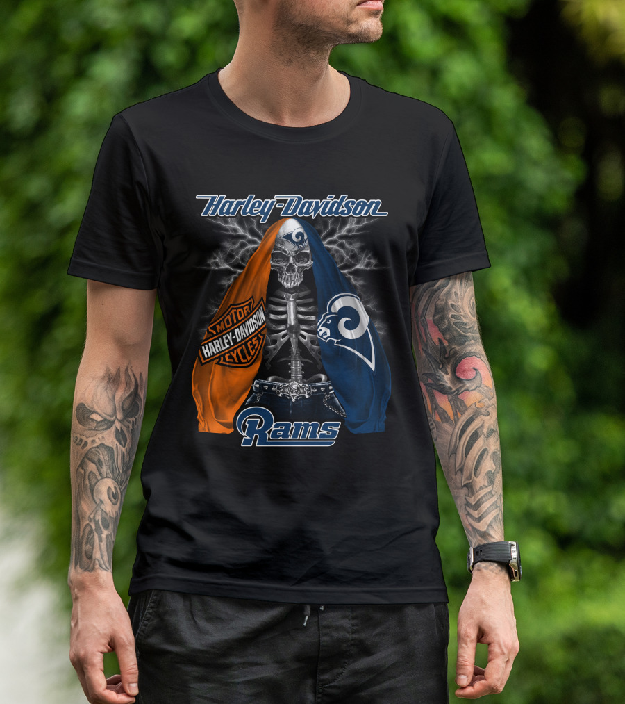 Harley Davidson Los Angeles Rams Motorcycles Skeleton T-Shirt