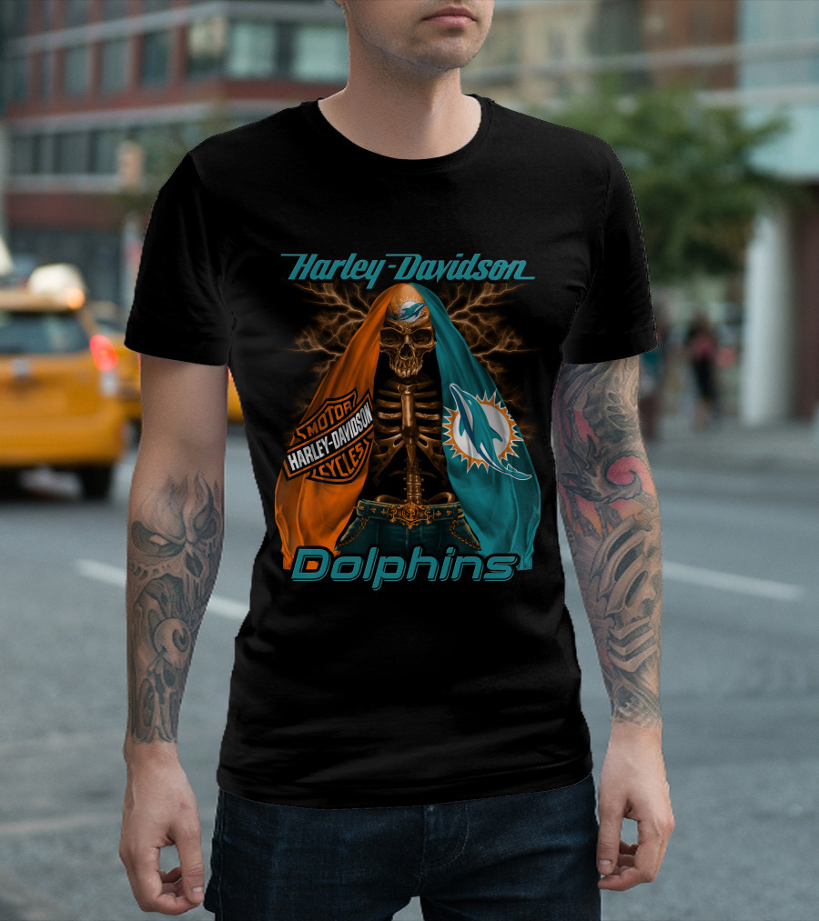 Harley Davidson Miami Dolphins Skeleton Motorcycles T-Shirt