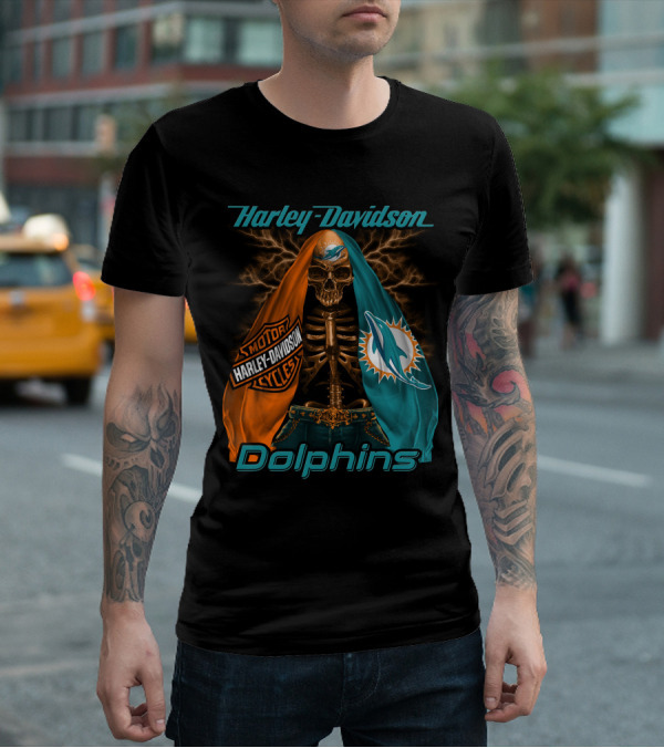 Harley Davidson Miami Dolphins Skeleton Motorcycles T-Shirt