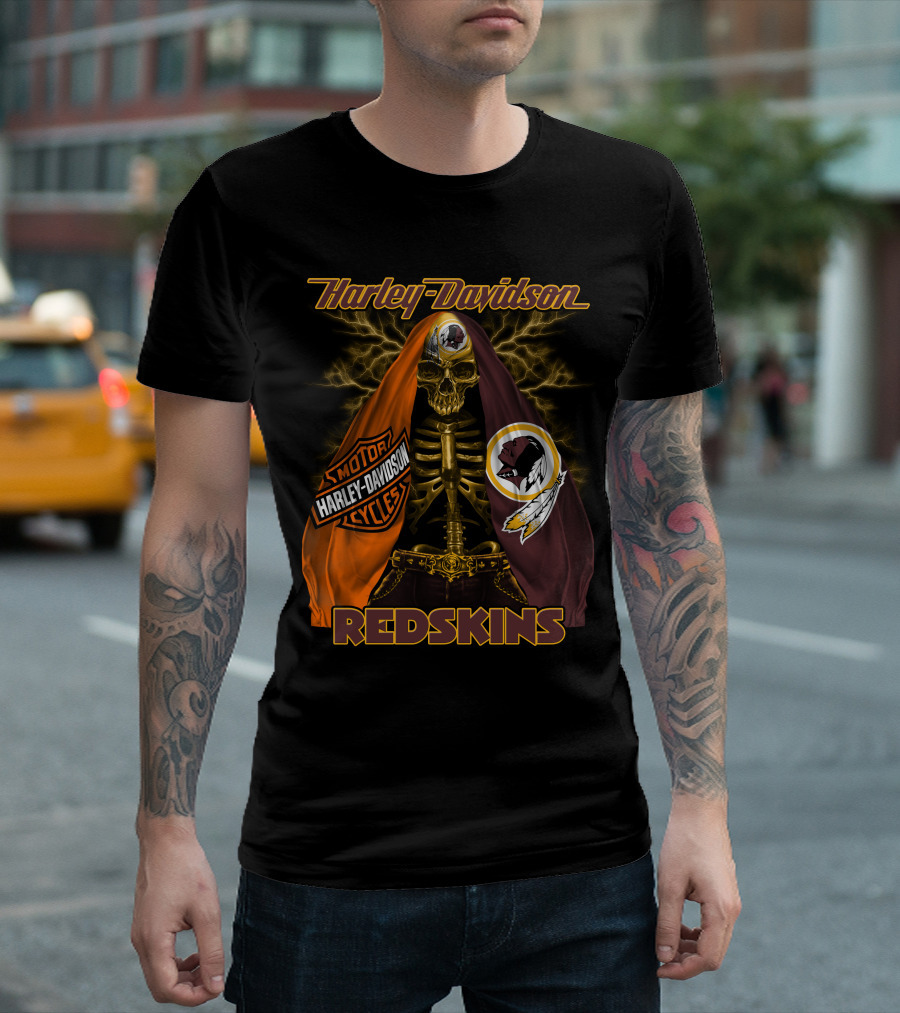 Harley Davidson Redskins Skeleton With Motorcycles And Team Emblems T-Shirt