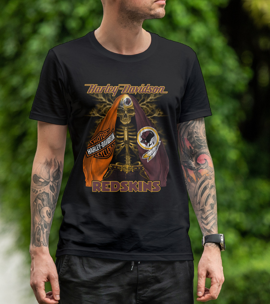Harley Davidson Redskins Skeleton With Motorcycles And Team Emblems T-Shirt