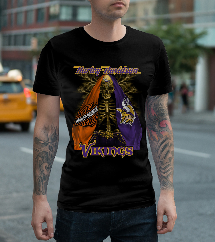 Harley Davidson Minnesota Vikings Motorcycle Skeleton T-Shirt
