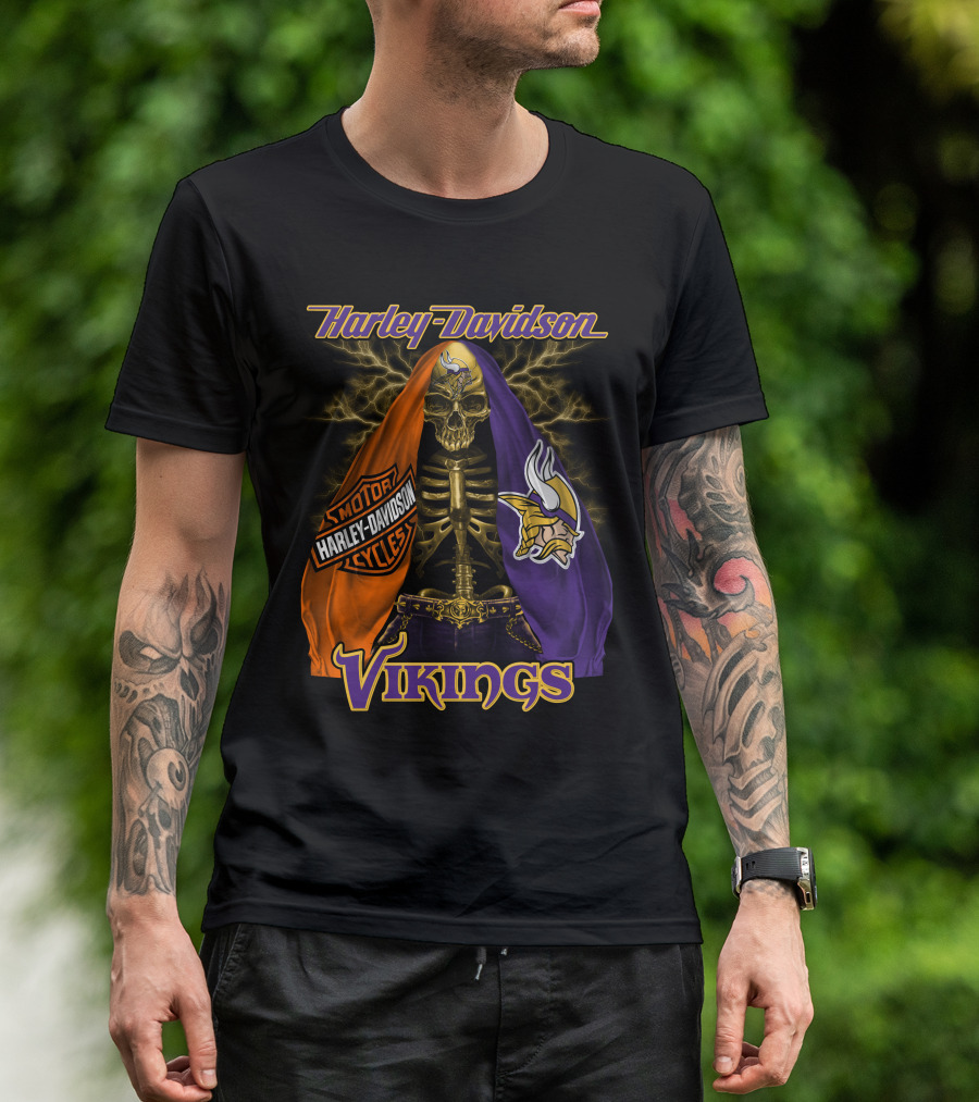 Harley Davidson Minnesota Vikings Motorcycle Skeleton T-Shirt