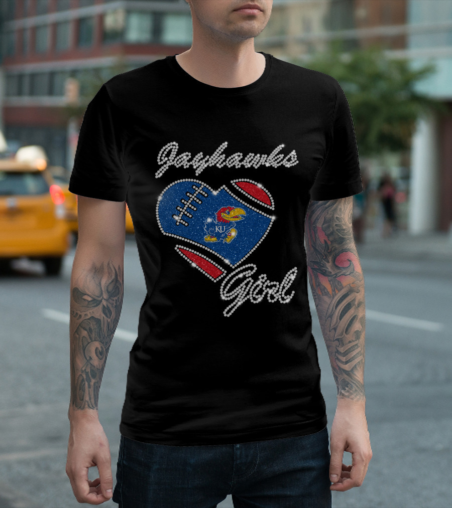 Jayhawks Girl Heart Ku Football T-Shirt