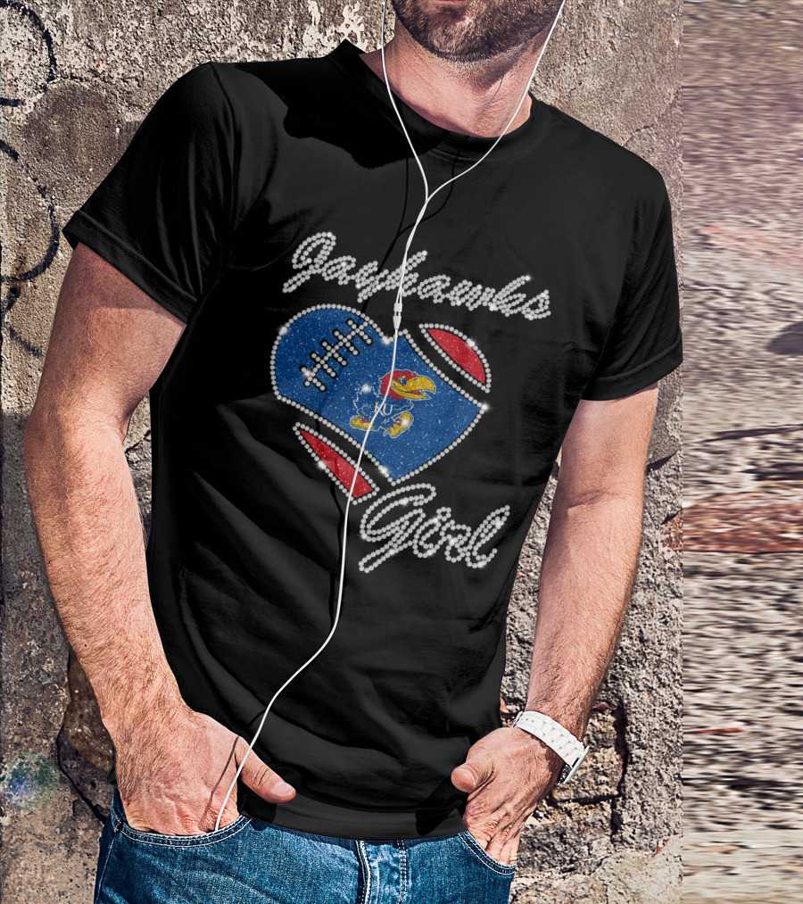 Jayhawks Girl Heart Ku Football T-Shirt