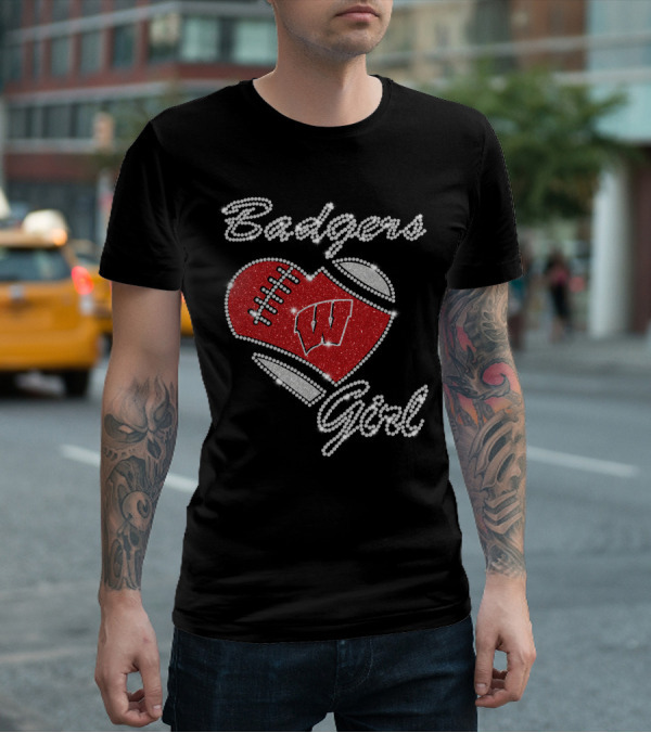 Badgers Girl Wisconsin Football Heart Rhinestone T-Shirt